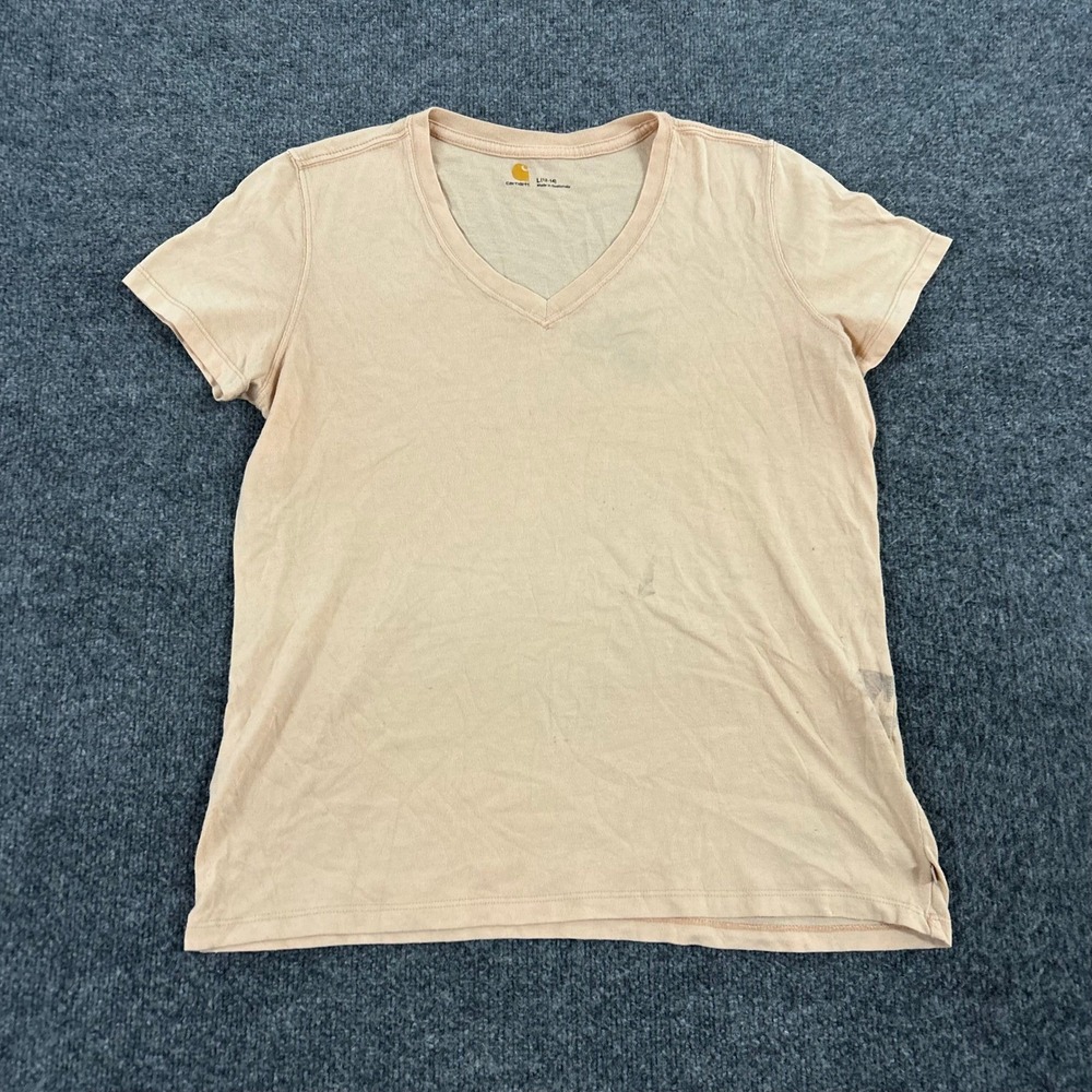 Carhartt T-Shirt Womens L Peach V-Neck Short Sleeve Casual Cotton Blend Fair
